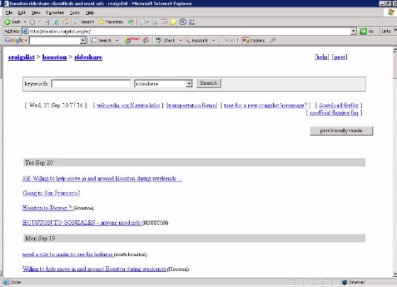 Houston's Craigslist site lists ride shares available out of town.